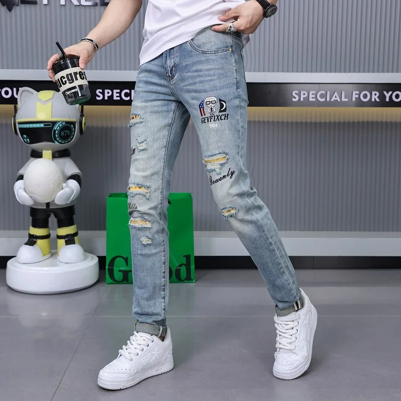 

Ripped Jeans for Men2024New Summer Thin Slim Fit Stretch Embroidery Fashion High-End Affordable Luxury Long Pants