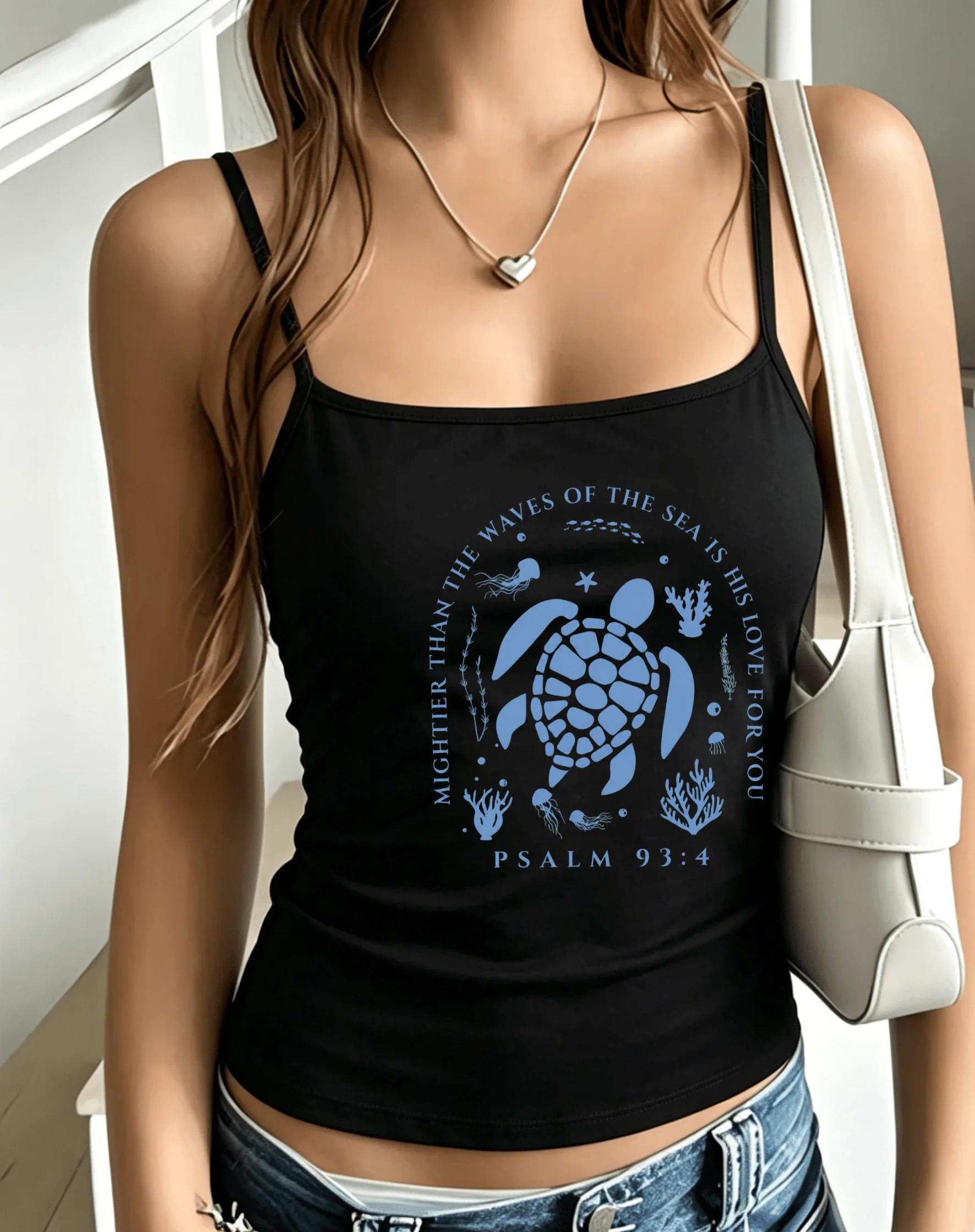 Christian Faith Women Tank Top Blue Sea Turtle Psalm 93:4 Ocean Text Graphic Spaghetti Strap Camisole Summer Sleeveless Vest