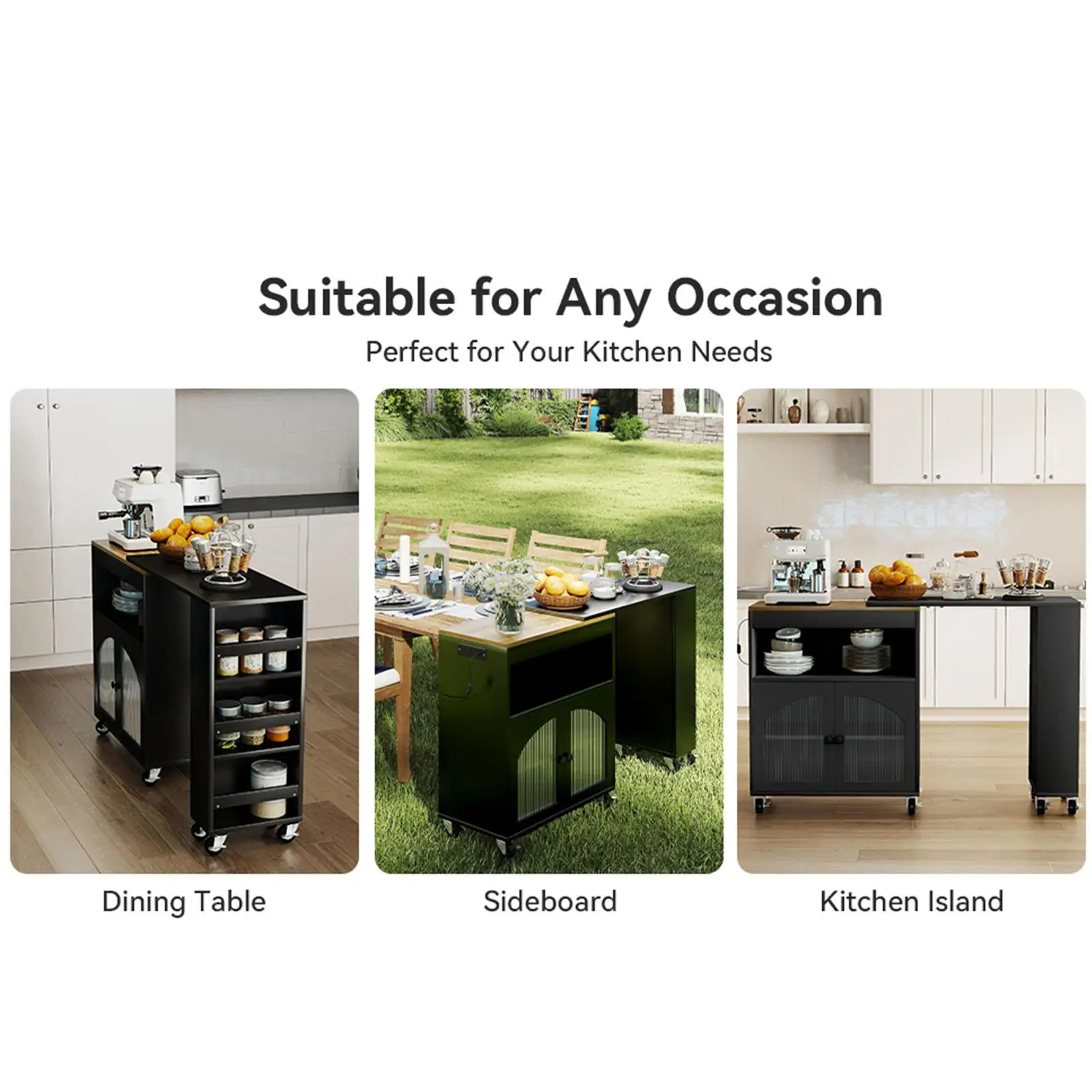 

Black MDF Kitchen Storage Cart - Rolling Island with Extended Table, LED Light & Power Outlets (US Plug)