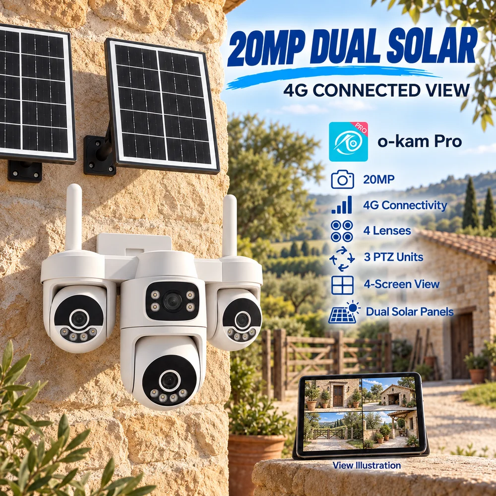 20MP 4 Screen 4G Solar Security Camera Outdoor PTZ CCTV AI Auto Tracking 10X Zoom IP66 Waterproof Wireless WiFi IP Surveillance