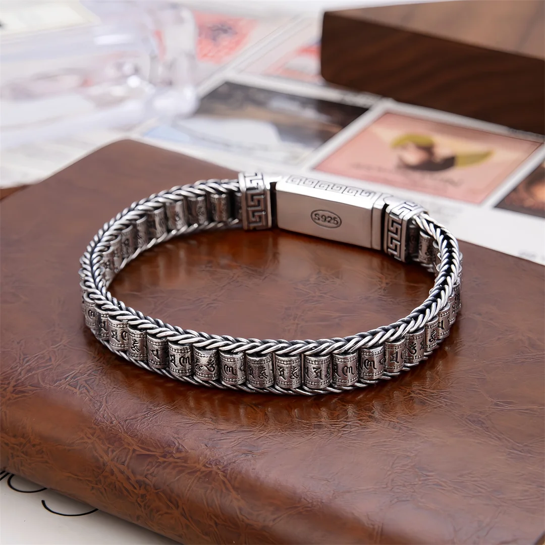 BOCAI S925 Sterling Silver Charms Bangle for Men Six Character Mantra Prayer Wheel Auspicious Cloud Bracelet Fine Choice Jewelry