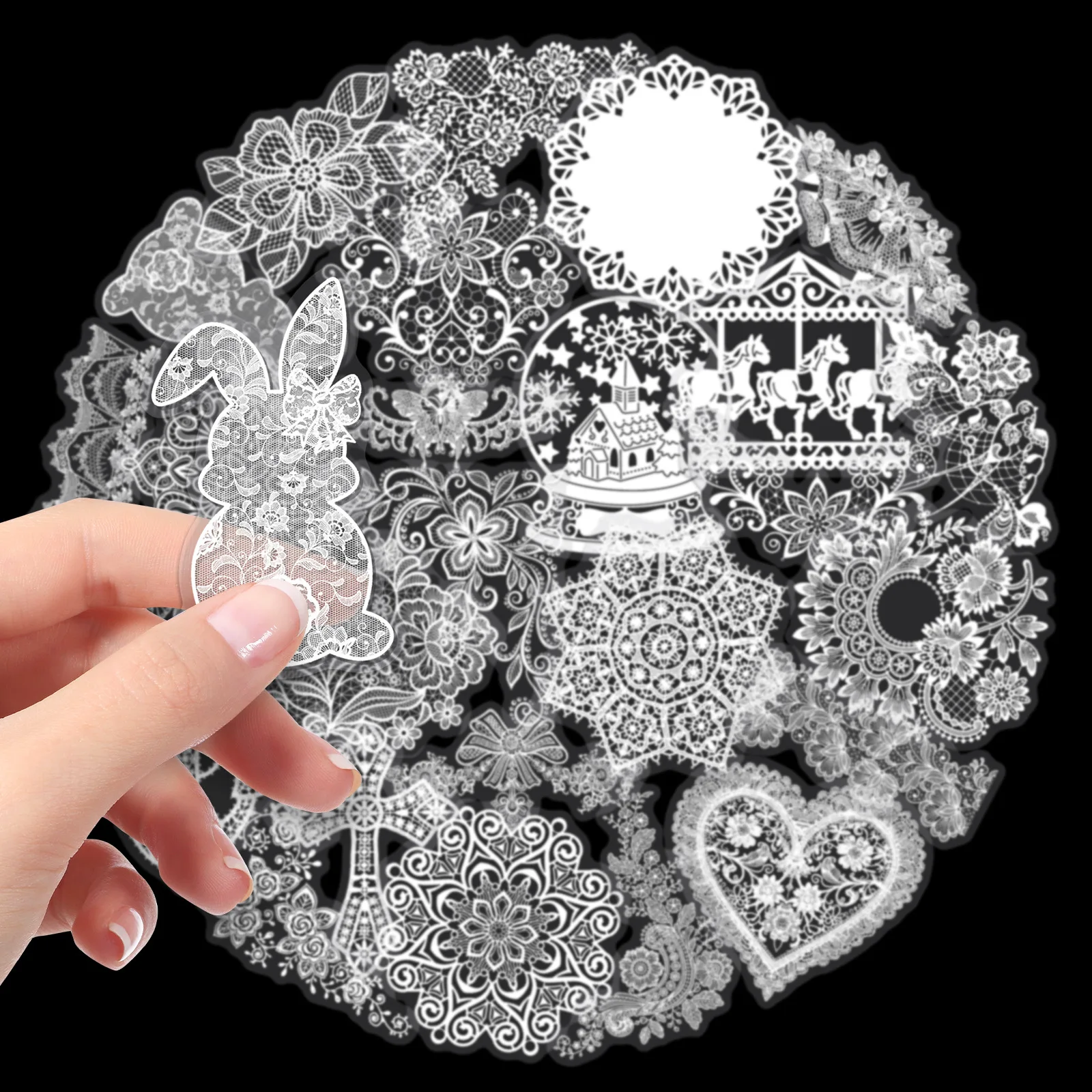 50 Pcs Lace PET Clear Stickers Girly Heart Waterproof For Wall Scrapbooking Stationery Water Bottle Decoration