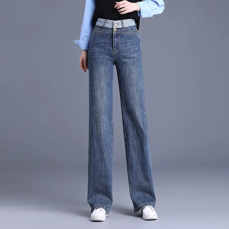 

Chic Spliced High Waist Straight Jeans Women Denim Pants 2024 Spring Autumn Vintage Elegant Slim Casual Long Trousers M-6XL 3510