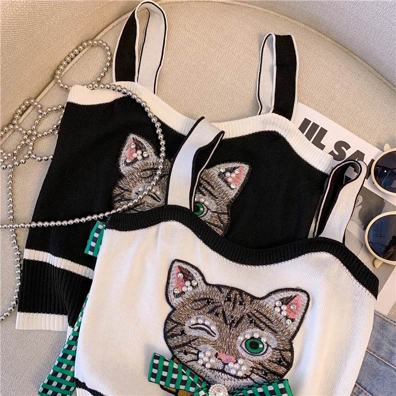 2024 Summer Stylish Sexy Slim Knit Vests Women Cartoon Bowtie Beaded Crop Tops Sleeveless Fashion Chic Ladies Knitwear Vest