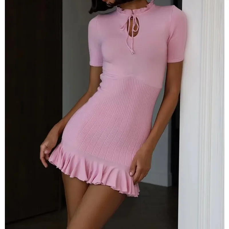 Ruffle Patchwork Knit Dress Women Lace Up O Neck Short Sleeve Dresses Summer Slim Casual Vacation Knitted Party Dress