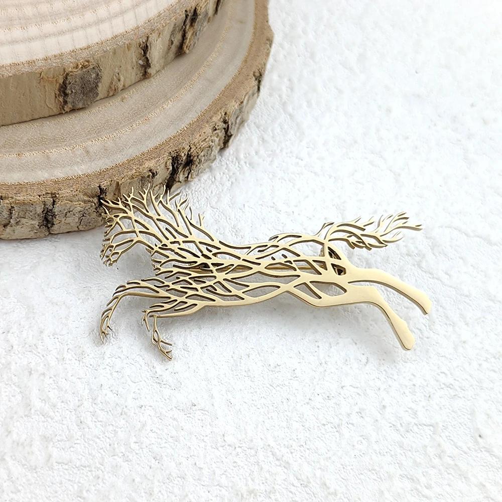 Original Animal Running Horse Men\'s Suit Gold Plated Collar Pin, High Quality Stainless Steel Black Brooch, Gift for Men