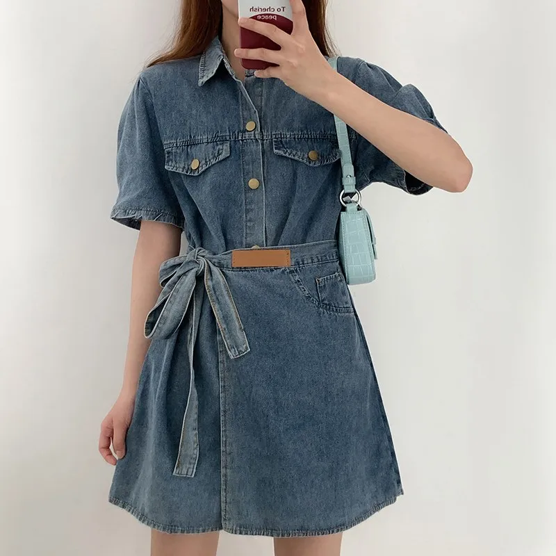 Blue Denim Dress Women's Summer Shrinking Slim Waist Lace Up A-line Dress French Fashion Covering Belly Short Vestidos