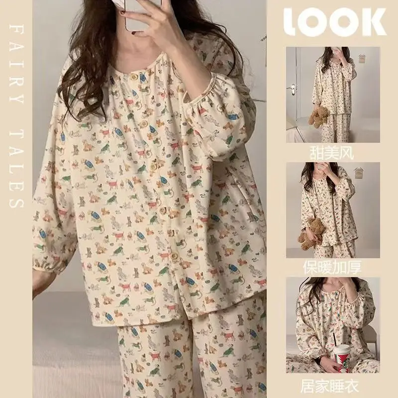 

Корейский стиль: Свободные хлопковые пижамы для женщин, летний милый комплект, домашняя одежда, дышащая, удобная, с коротким рукавом, круглый вырез горловины