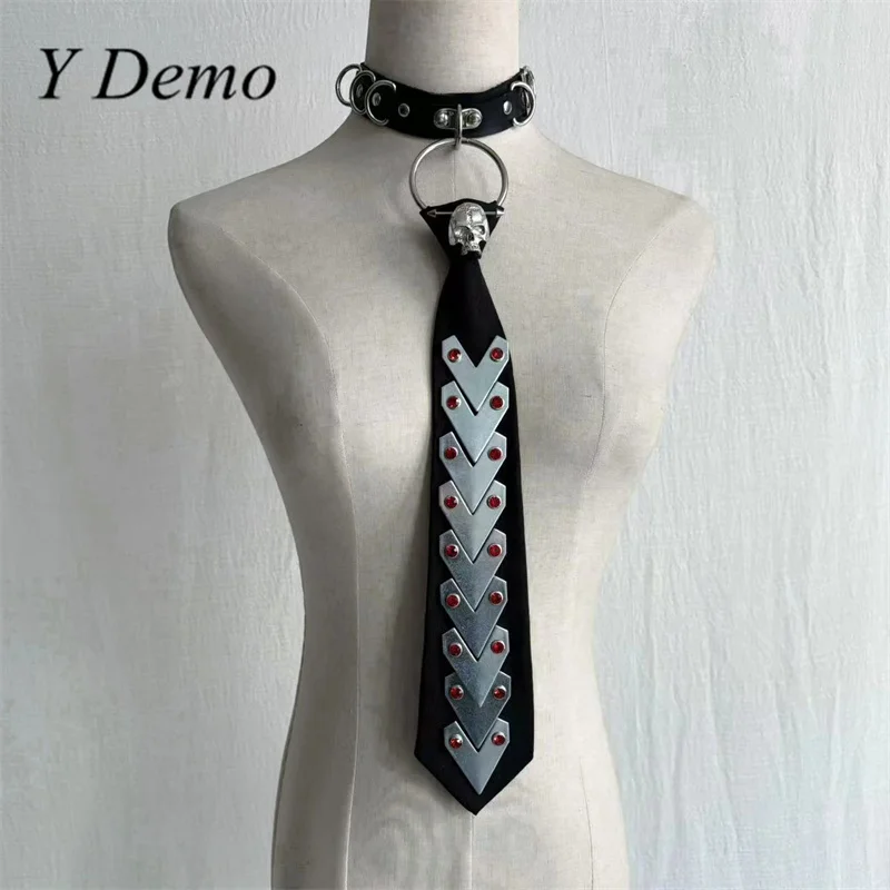 Y Demo Punk Metal Triangle Rivets Women Neck Tie Cyber Adjustable Skull Choker Necktie