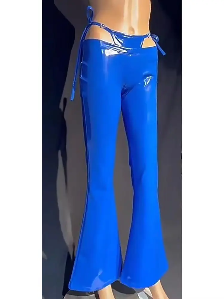 S-3XL Fake Two Piece Wet Look PVC Flare Pants Low Waist Shiny PU Leather Trousers Tight Pantalon Spodnie Performance Leggings