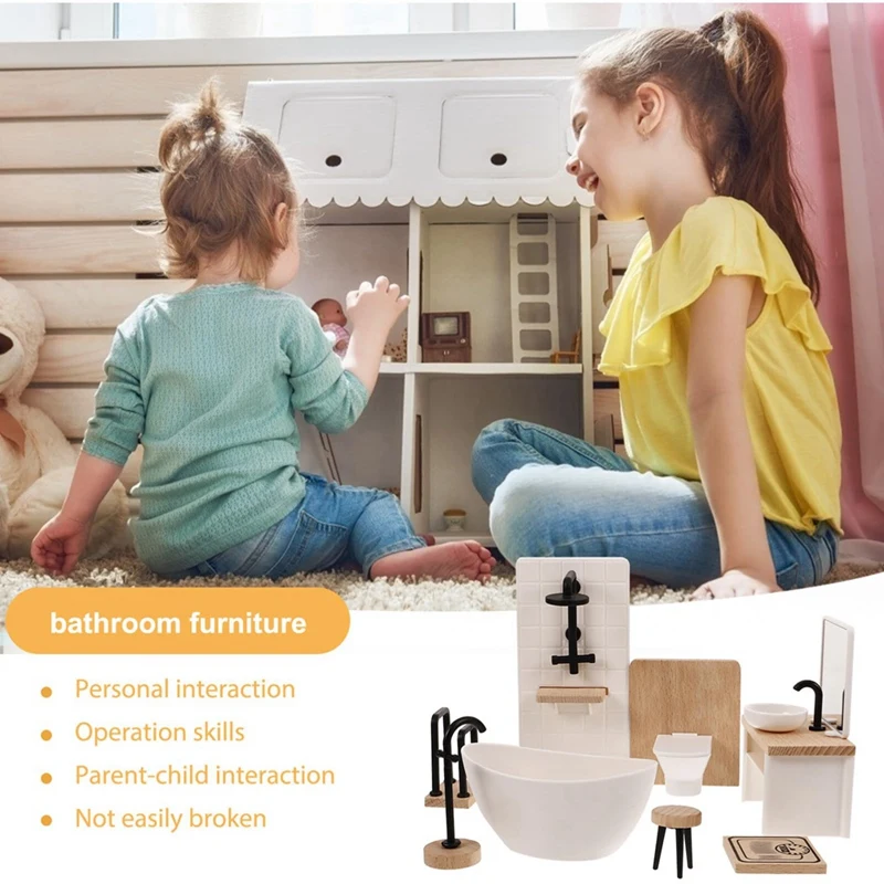 8Pcs Bathroom Toilet Bathtub Basin Wooden Bathroom Cabinet With Sink Miniature Furniture For Doll Easy Install Easy To Use