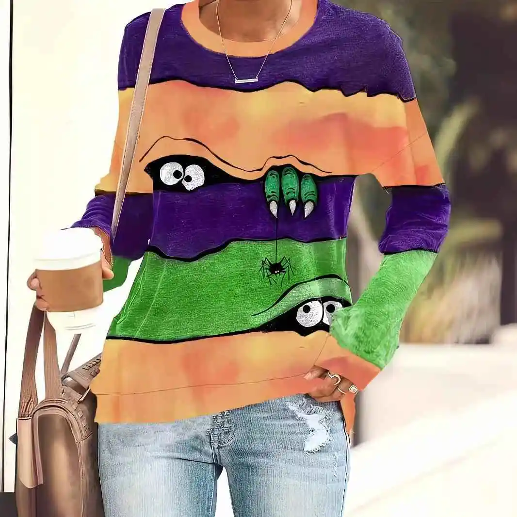 

Повседневная одежда в полоску с принтом монстров большого размера из полиэфирного волокна Long Sve round Ne на молнии, женская повседневная одежда Dr