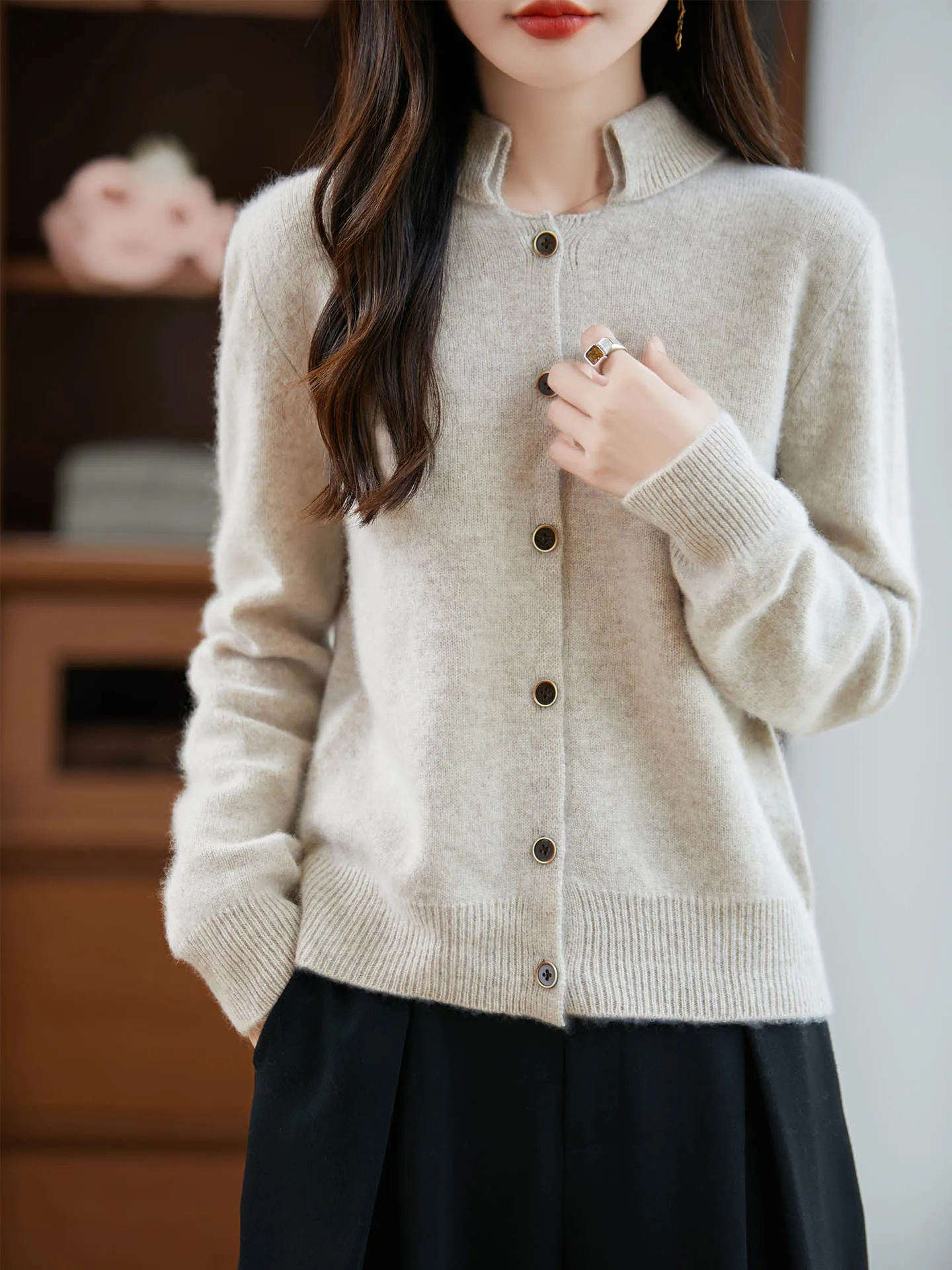 100% Merino Wool Stand Collar Cardigan, Long Sleeve Button Down Knit Coat, Soft Breathable Elegant Casual Layering Top