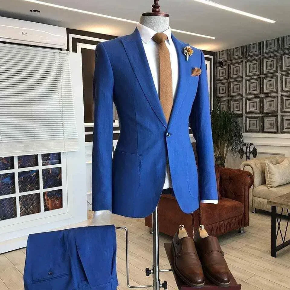 Casual Royal Blue Men Suits Slim Fit Two Pieces Male Groomsmen Bridegroom Wedding Set Blazer Pants Costume Homme