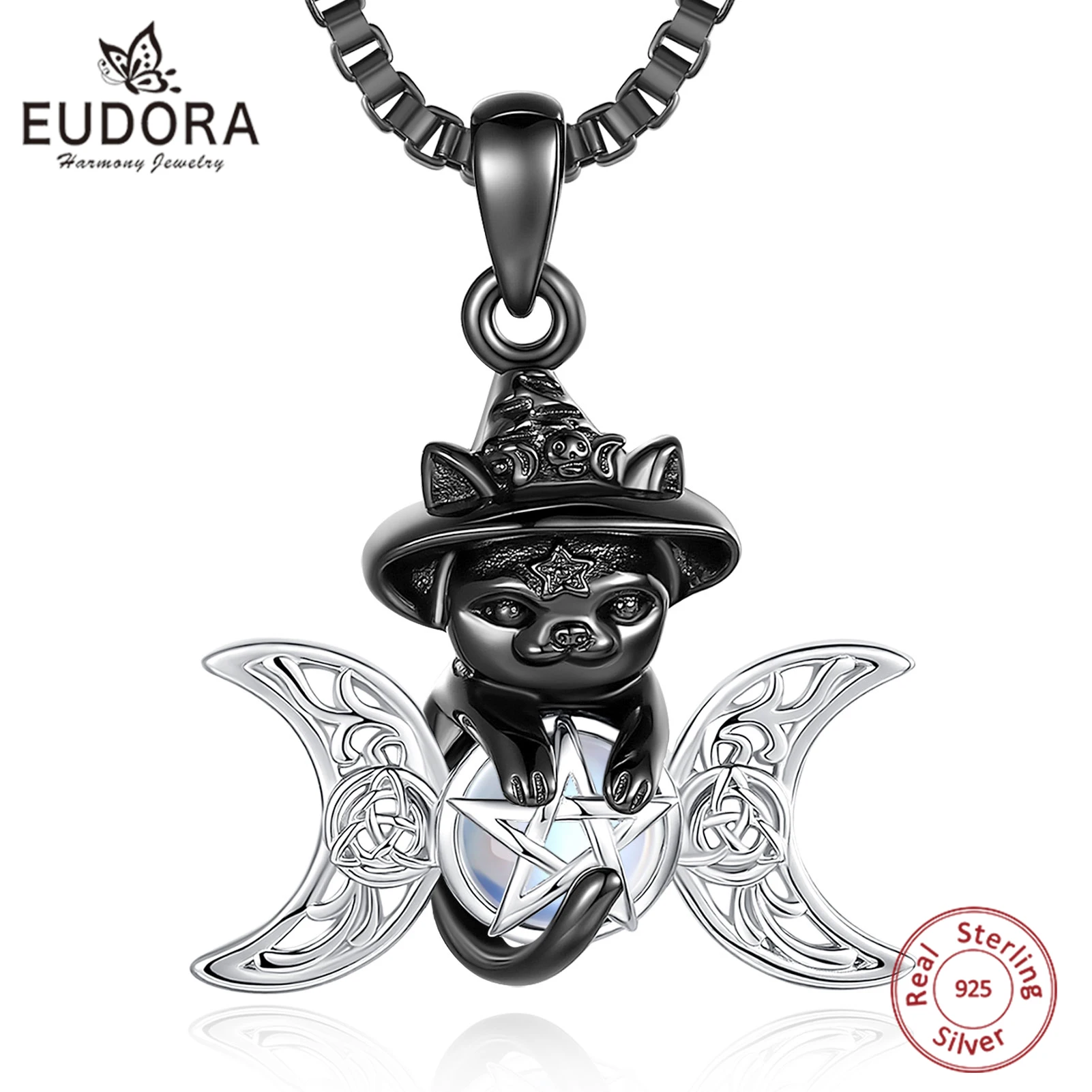 

Eudora 925 Sterling Silver Witch Black Cat Necklace Pentagram Triple Moon Goddess Pendant Wicca Pagan Jewelry Gift for Women Men