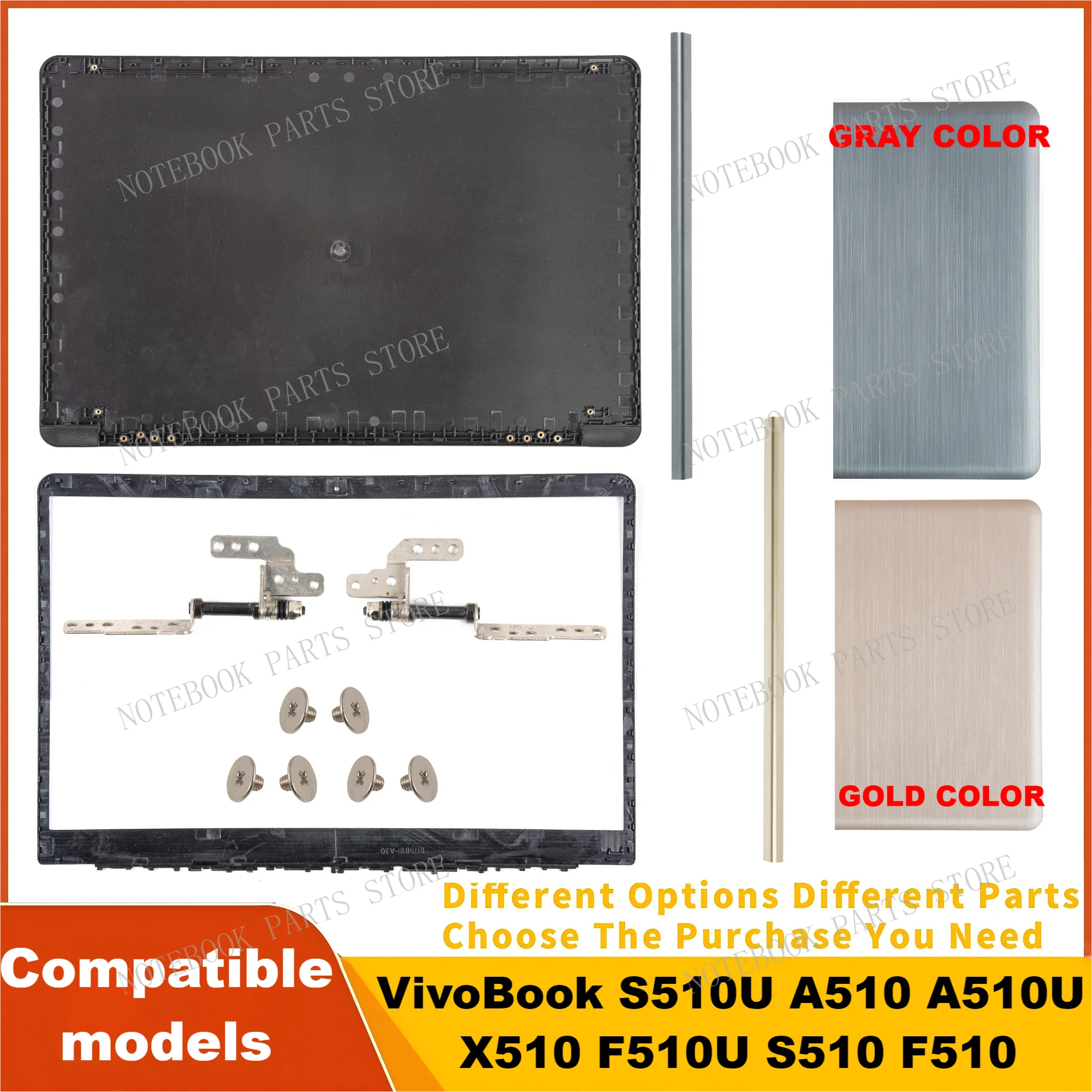 Plastic Laptop Parts For VivoBook S510U A510 A510U X510 F510U S510 F510 LCD Back Cover Hinges Front Bezel HingeCover Gray/Gold