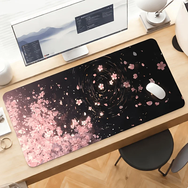 Dark Cherry Blossom Gaming Mouse Pad, Large Non-Slip Desk Mat with Sakura Petals & Water Ripple Print for Gamers
