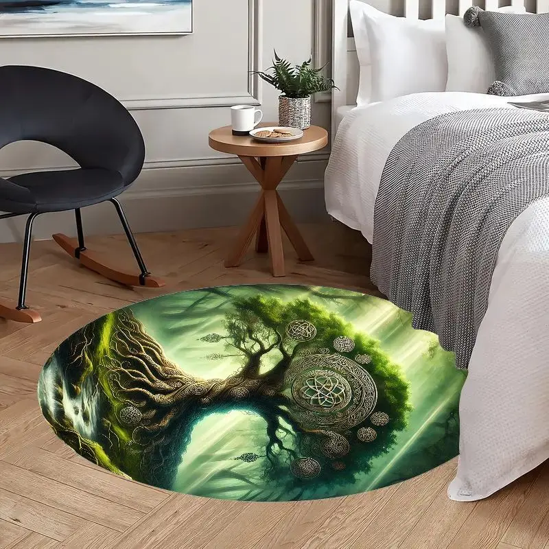 Celtic Tree of Life Mystical Forest Round Rug Flannel Spiritual Decor Meditation Yoga Mat Fantasy Art Floor Cover Green Tones