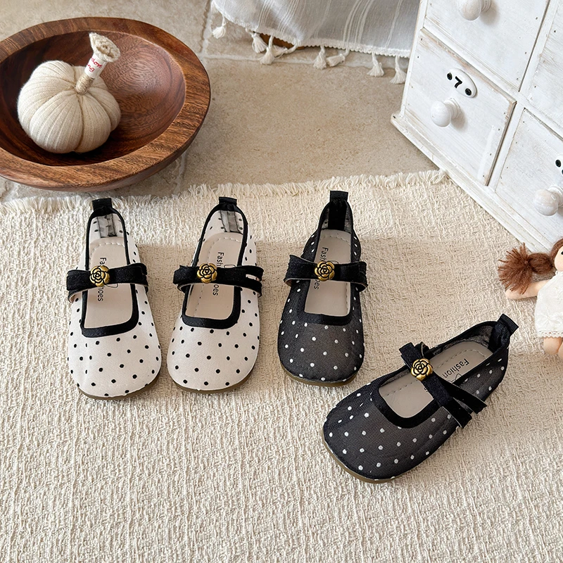 Spring Girl's Mary Janes Polka Dot Flower Mesh Chic Kid's Flat Shoe Solid Colors Anti-slip Daily Breathable Sweet Children Shoes