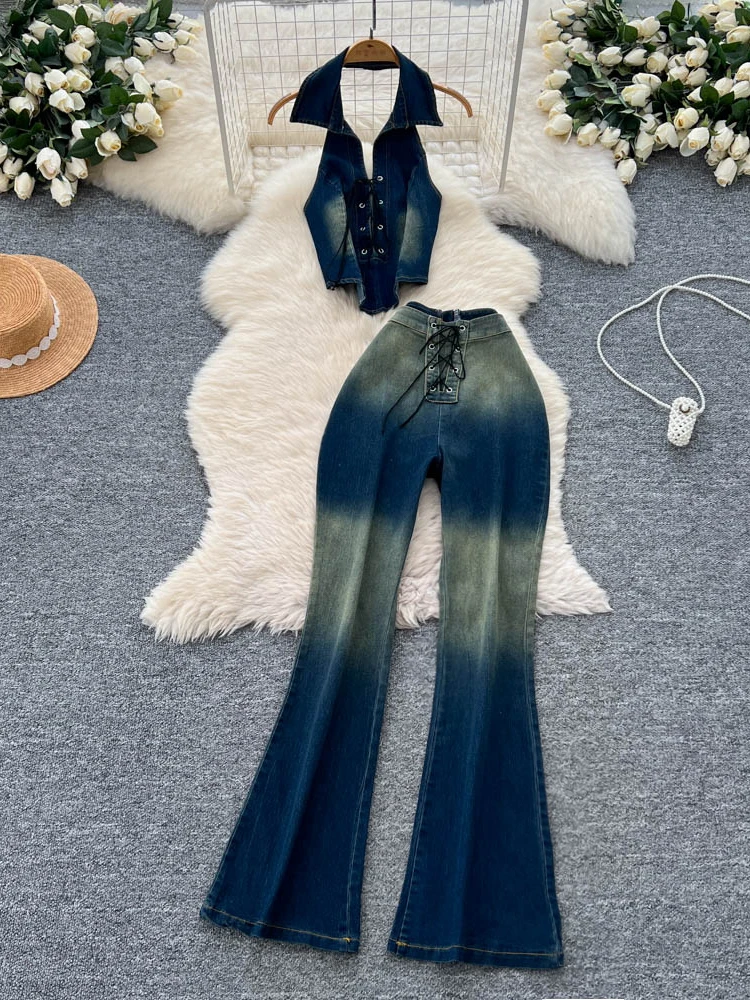 

Retro Cool Hot Ne Hanging Svel Vest High Waist Tight Slimming Jeans adient Color Tie Denim Set Women Summer