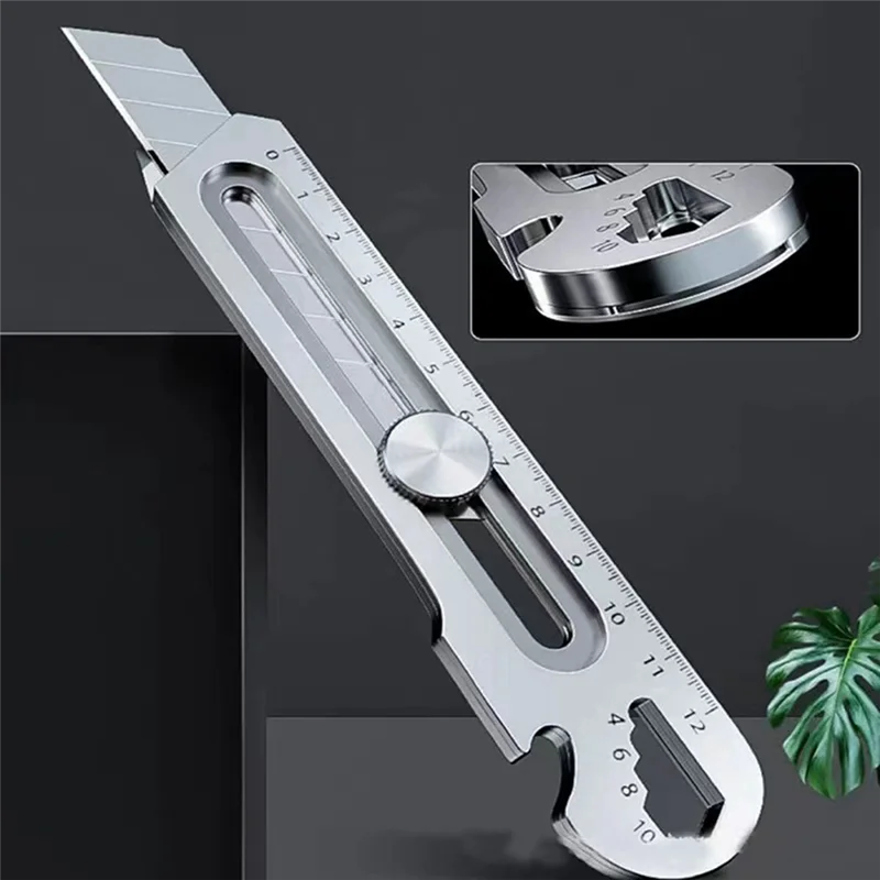 Popular 6 In 1 Multifunction Stainless Steel Utility Knife Tail Break Design/Ruler/Bottle Opener Retractable Box Cutter