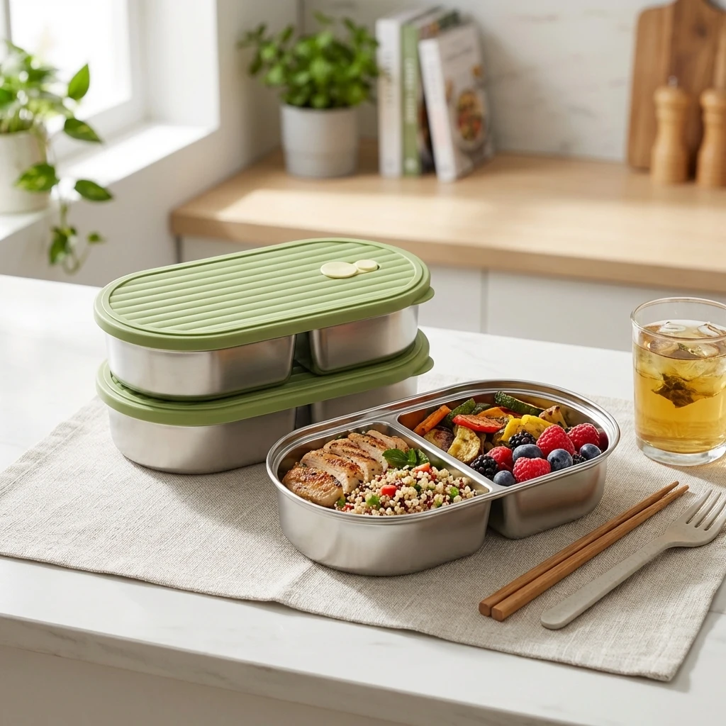 Microwaveable 304 Stainless Steel Bento Box Oval Divided Lunch Box 2 Grids Food Storage Container For Kids Students School
