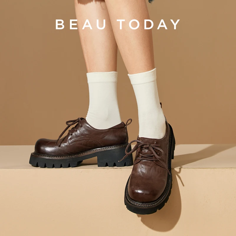 

BEAUTODAY повседневные туфли дерби, женские туфли из натуральной коровьей кожи с большим носком на шнуровке, женские туфли на плоской подошве ручной работы 21987