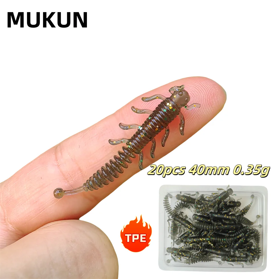 MUKUN 20PCS NEW TPE Mini Soft Worm Fishing Lure 0.35g/40mm AJING Rockfish Artificial Baits Bass Silicone Fishing Tackle