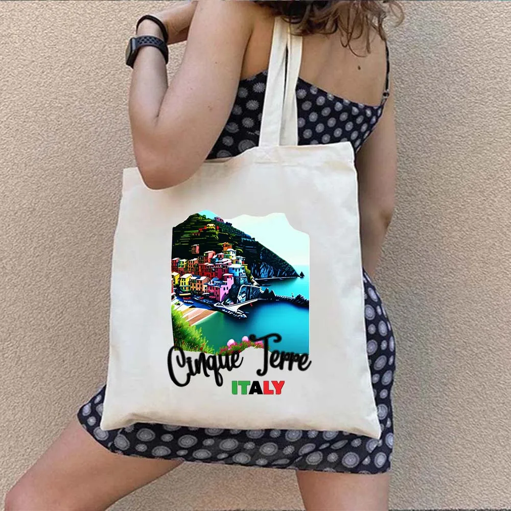 Sac fourre-tout en toile de Cinque Terre Italia, sacs à main de plage décontractés, peinture italienne, interconnexion de paysage, initié au shopping, Harajuku