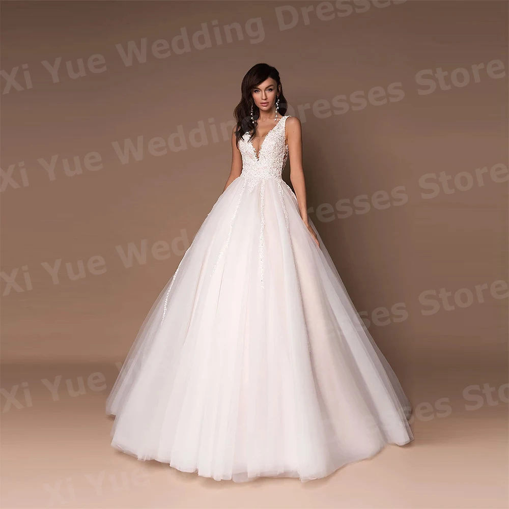 Luxuoso uma linha vestidos de casamento feminino apliques rendas vestidos de noiva sexy decote em v sem mangas personalizado sem costas vestido de noiva