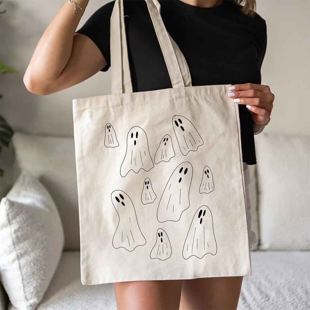 

1pcs Funny Ghosts Halloween Canvas Tote Bag Trick or Treat Handbag Reusable Shoulder Bag Spooky Season Gift for Women Kids