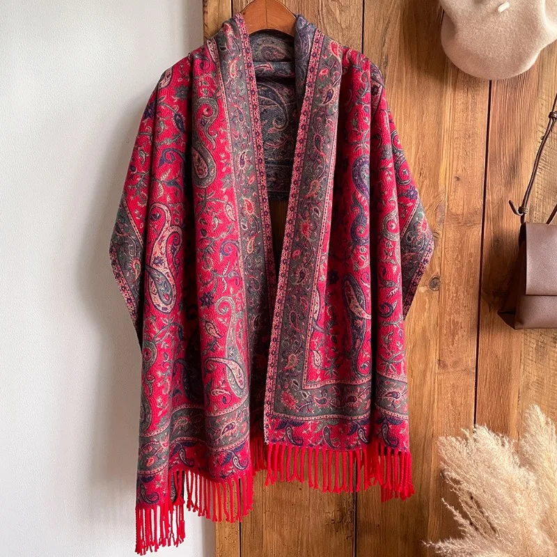 

Women's ethnic-style cashmere-like scarf shawl, winter cape with thick warm fringe, ladies' neck wrap, autumn/winter best-seller