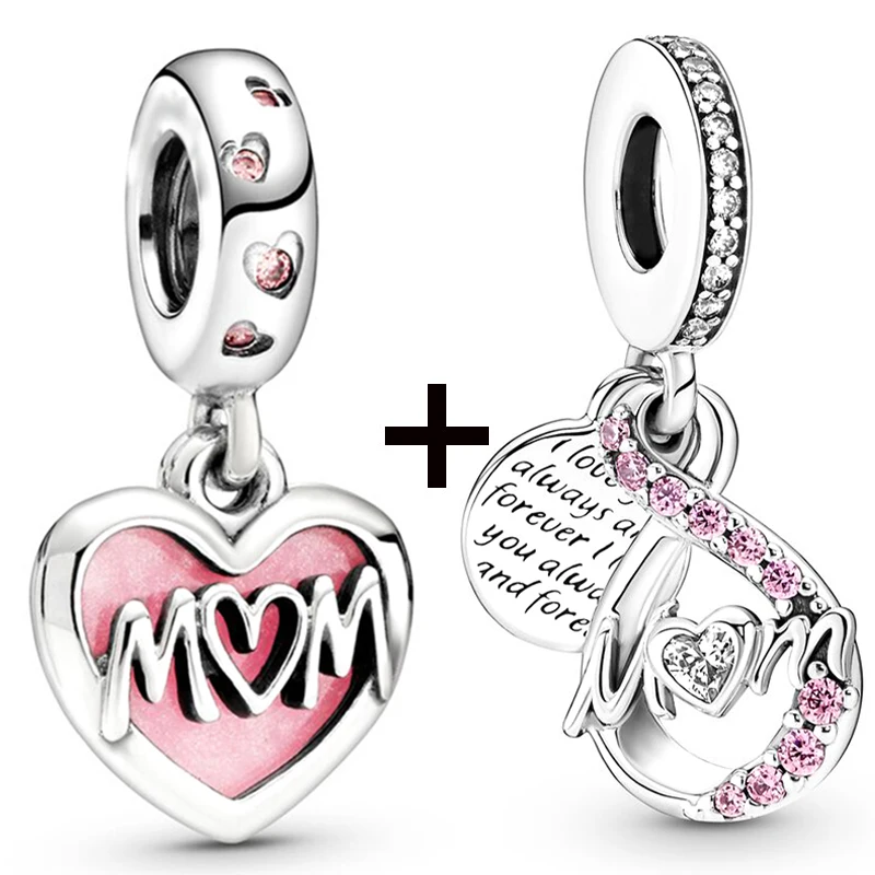 2Pcs/lot High Quality Pink Heart Mom Charm Beads DIY Silver Plated Jewelry DIY Bracelets Necklace For Women Men bijoux cabochon