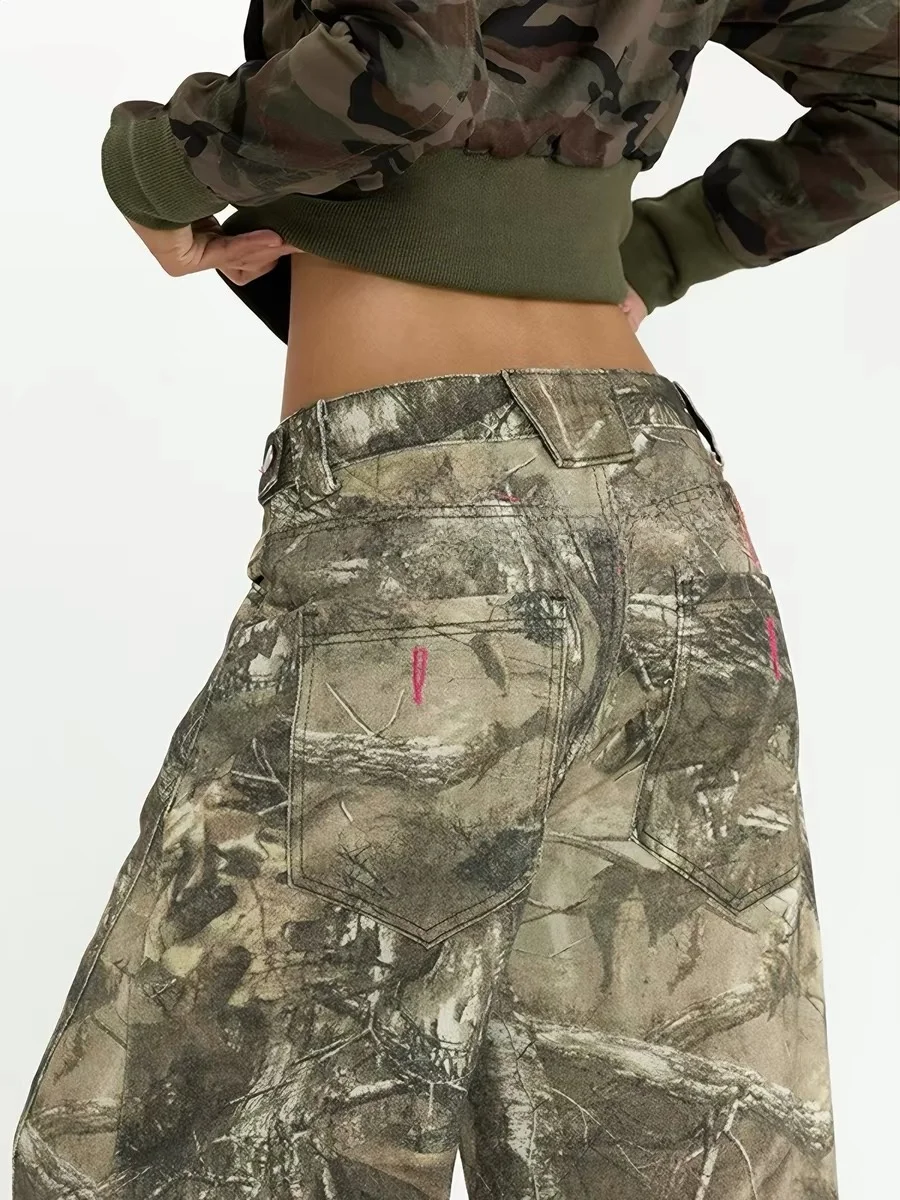 American Style High Waist Wide Leg Pants Women's Spring Summer New BF Lazy Drape Casual Floor-Length Pants Camouflage Branch ...