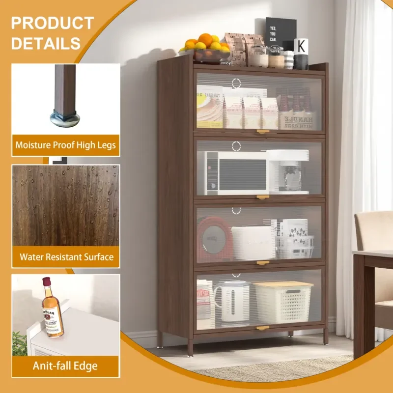 57 Inch Tall Metal Storage Cabinet with 4 Flip Doors Ample Space for Bedroom Office Living Room Hallway Entrance Walnut Color