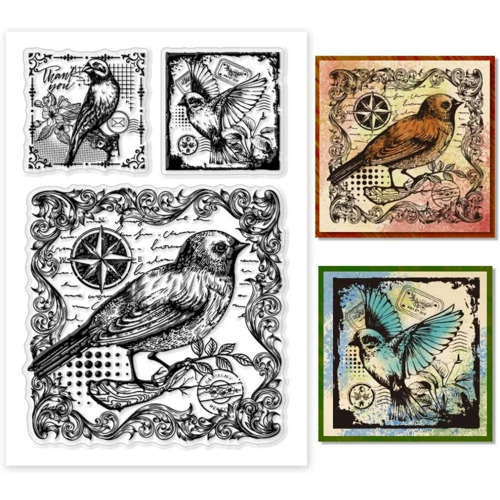 Bird Clear Stamps for Card Making, Birds Background Board Rubber Stamps Transparent Animal Paper Craft Stamps for DIY