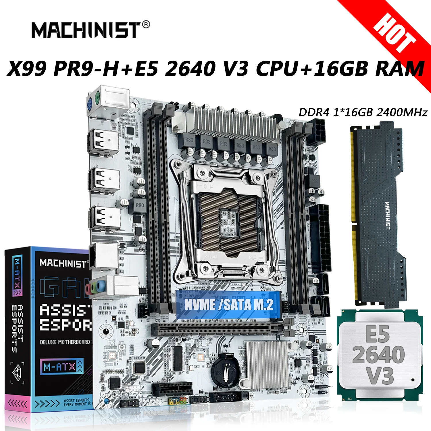 MACHINIST X99 PR9-H Motherboard Combo LGA 2011-3 Xeon Kit E5 2640 V3 CPU 1pcs DDR4 16GB RAM 2400MHz Memory Set SSD SATA/NVME M.2