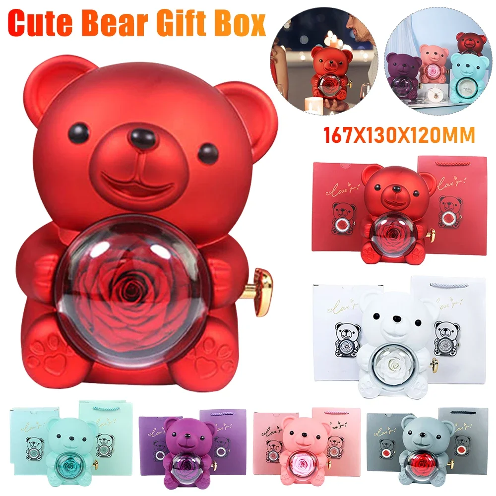 

Cute Bear Jewelry Gift Box Eternal Rose Teddy Bear Gifts Box Valentine Wedding Rotating Rose Gifts Boxes Valentine Gift Cases