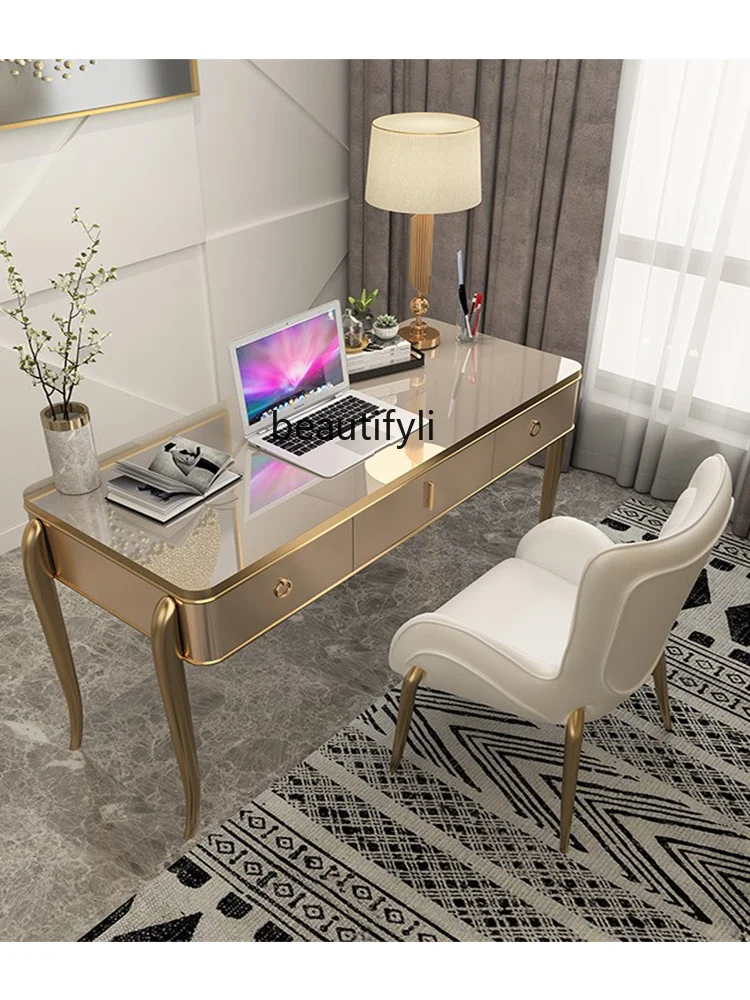 American Light Luxury Style Solid Wood Desk Modern Minimalist Champagne Paint Home Computer Desk Study Desk Chair Combination