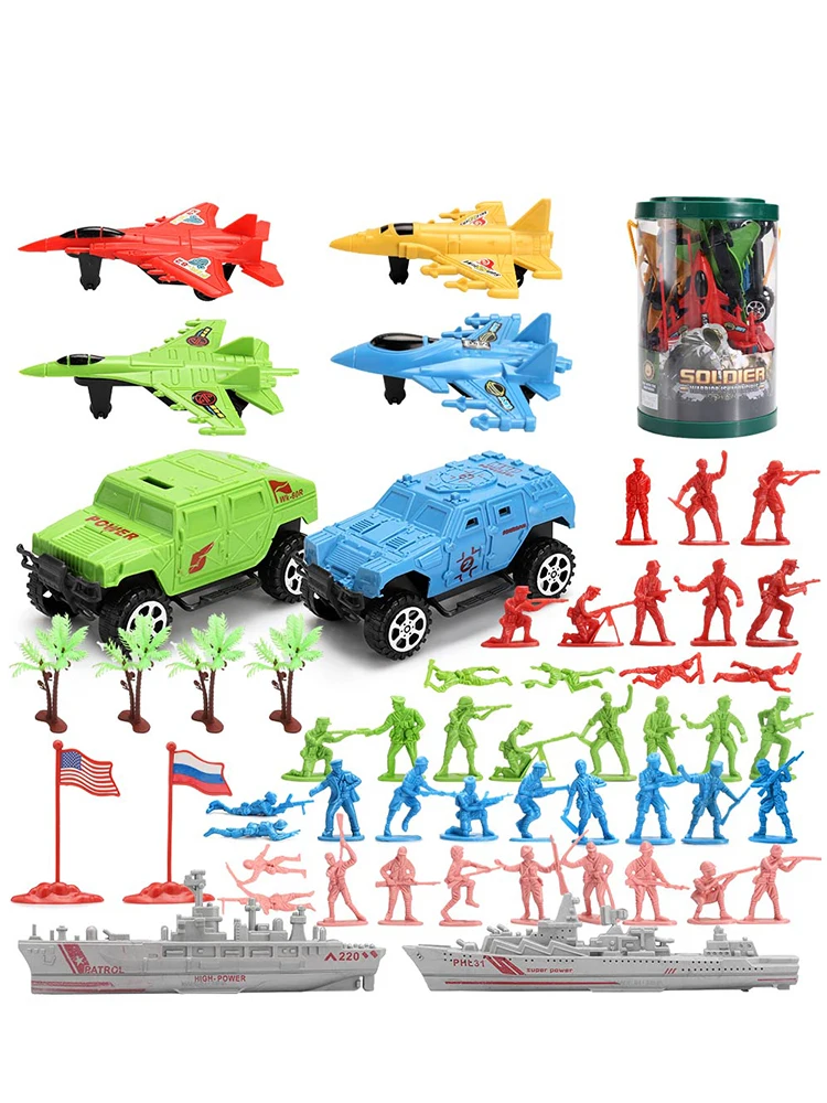 ViiKONDO Army Men Toy Military Playset Green Soldier 96pcs Storage Bucket 4 Color Combat Vehicle Airplane Warship Model Kid Gift