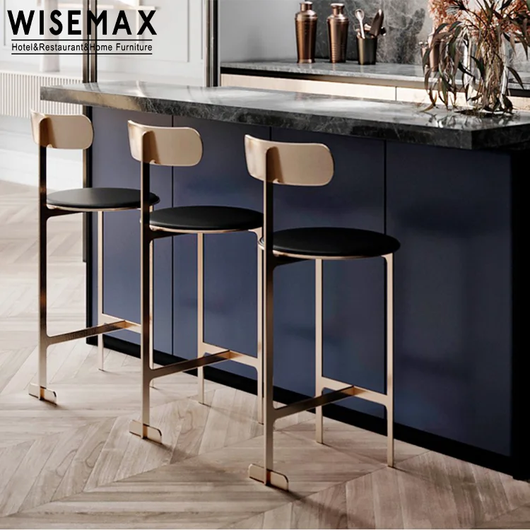 WISEMAX FURNITURE Modern simple design black leather steel bar stool chair golden luxury counter  for home restaurant