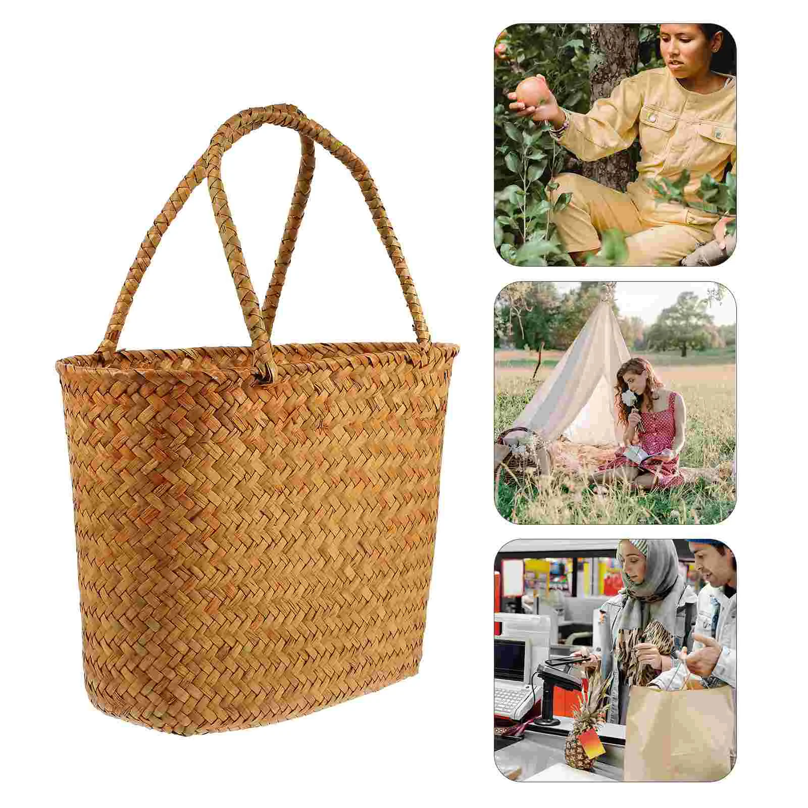 

Picnic Basket Props Sundries Storage with Handle Rattan Unique Shape Party Bread Woven Straw Handles Natural Material Outdoor