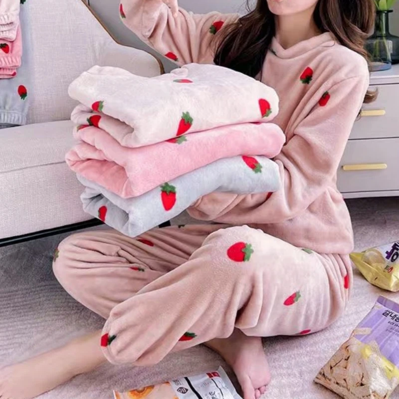 Strawberry Women Chic Basic Homewear Suit Cute Sweet Casual Pullover Top Elastic Waist Pants Autumn Winter Fleece Pajama Set New