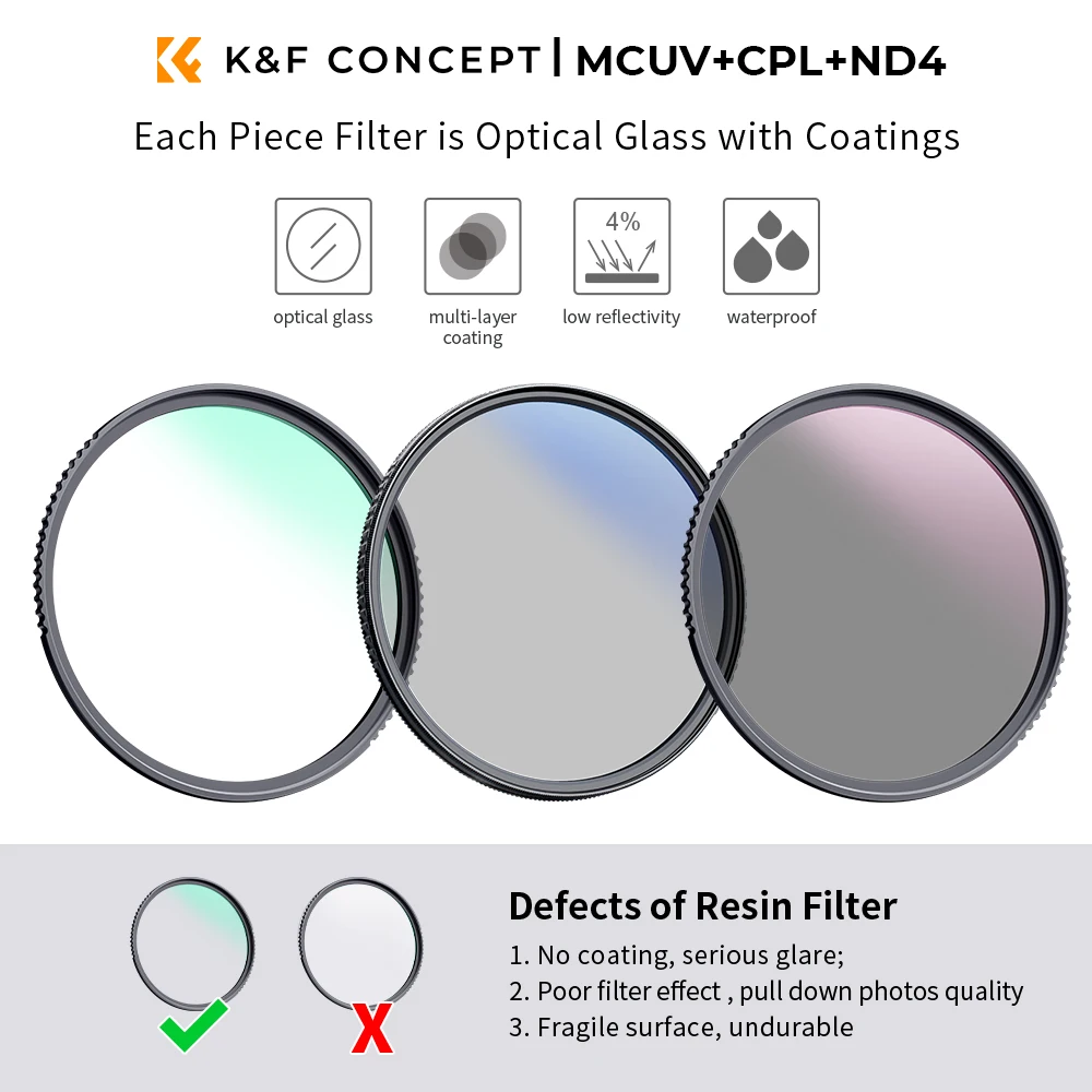 K&F CONCEPT Filter Kit Netural Density ND4 UV CPL filter Camera Lens Bundle Cleaning Pen and Filter Pouch 58mm 62mm 67mm