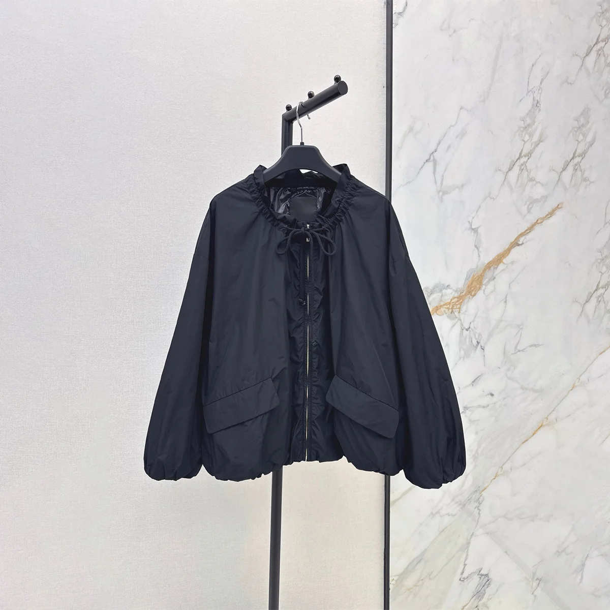 2026 high-quality women's black fungus edge drawstring collar short windproof jacket26822132