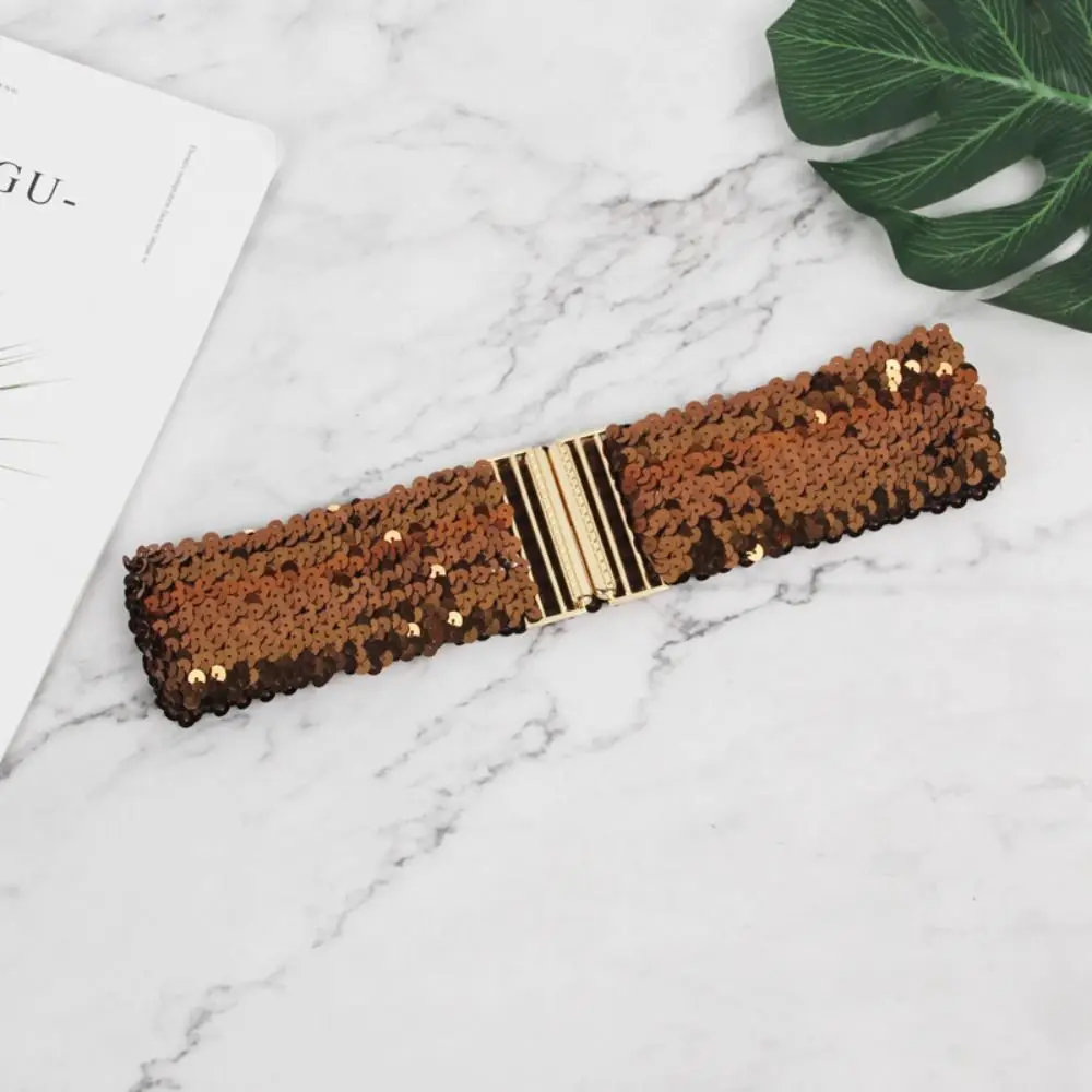 60cm Elastic Sequin Stretch Belt Gold Buckle Disc Eye Catching Shinny Waistband Versatile Professional Women's Belt Dresses