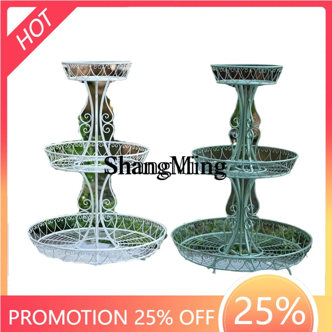 

ZYY fashion exquisite rural wrought iron disc three-layer retro large flower stand outdoor garden plant multi-layer shelf
