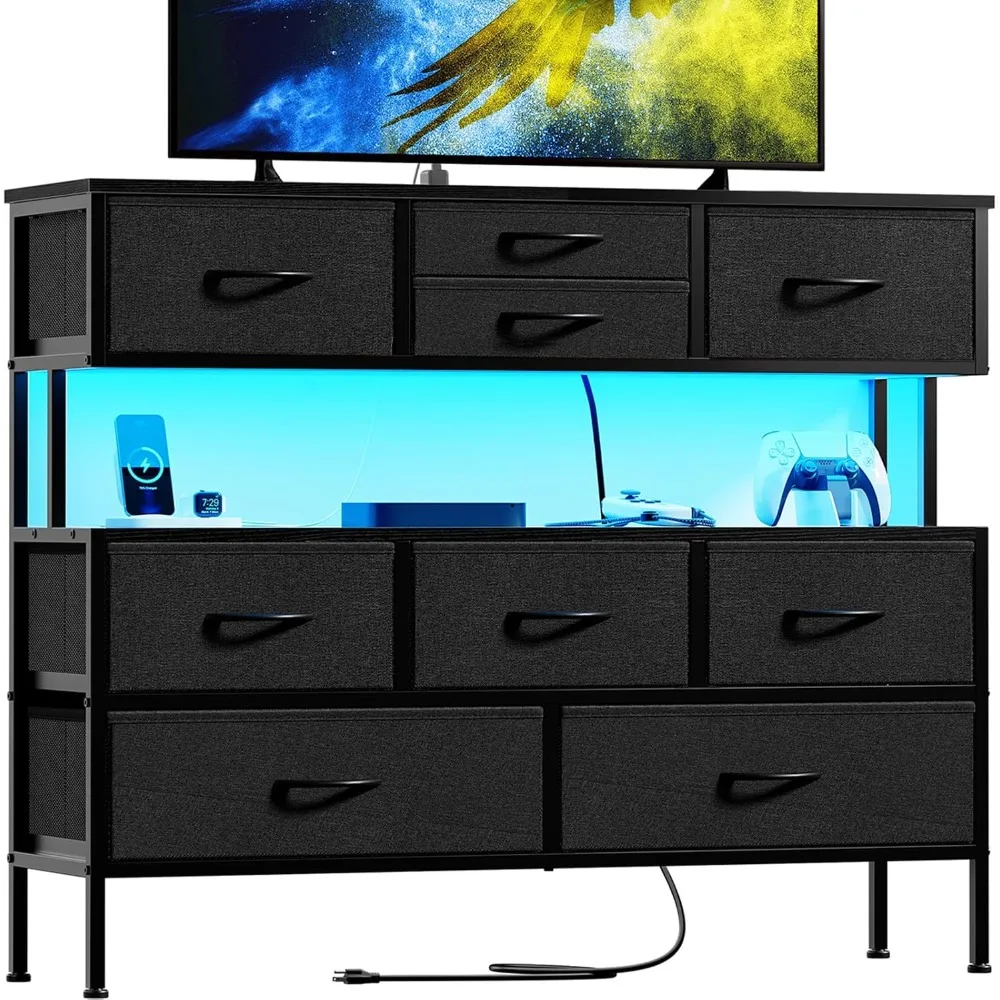 

Dresser TV Stand with Charging Station and LED Lights, 55” TV Stand Entertainment Center with 9 Drawers, Steel Frame,