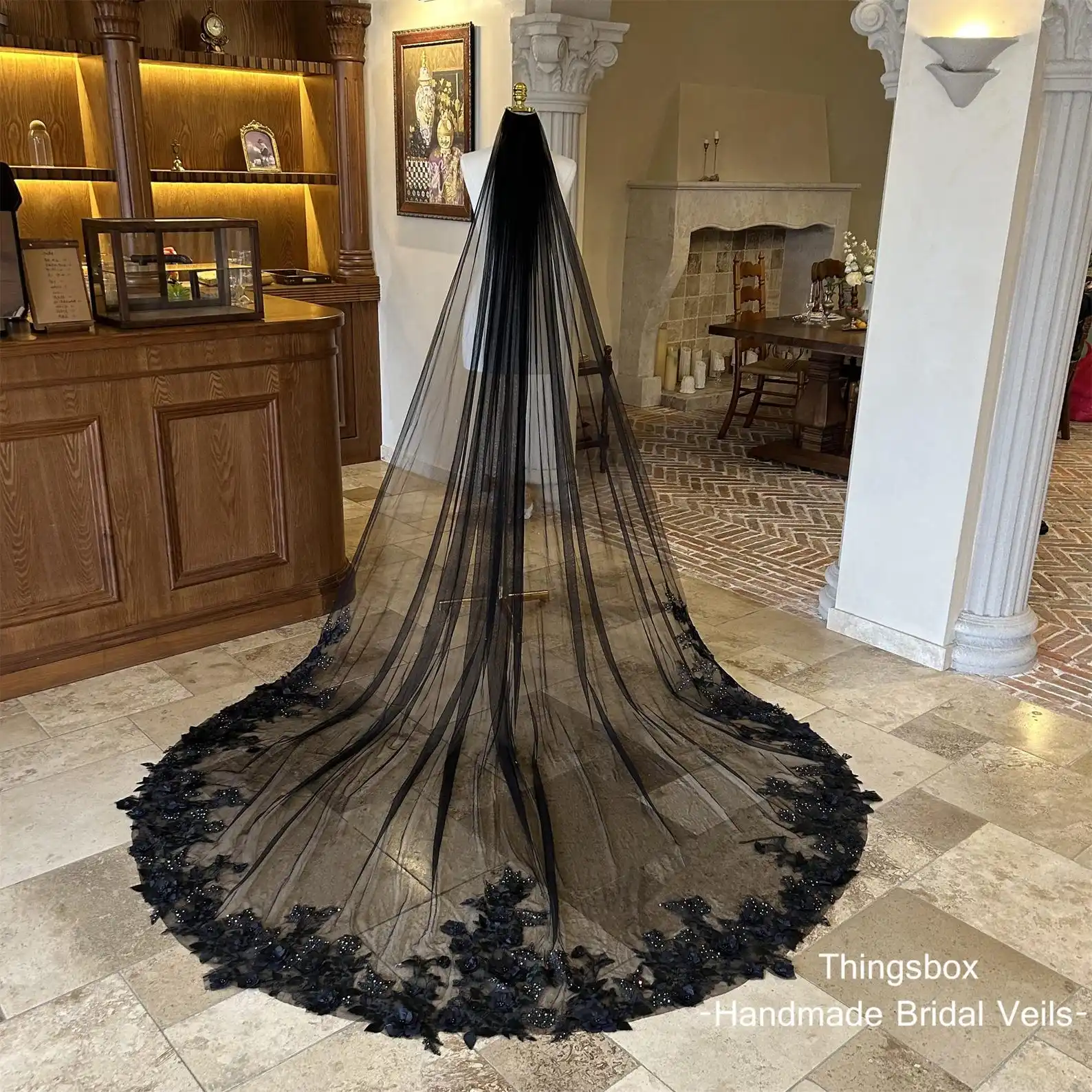 Black Tulle Lace Veil 1 Layer Black Floral Pearl Wedding Veil Bridal Veil Boho Flower Lace Metal Comb Handmade Embroidered