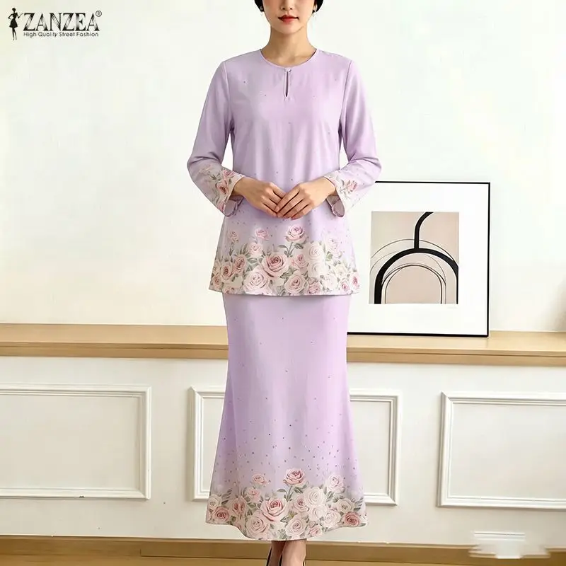 ZANZEA Women Muslim Sets Elegant Floral Print Matching Sets 3/4 Sleeve Round Neck Tops Long Skirt Suits Two-piece Outfits Thin